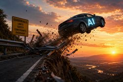 A dark car labelled AI launches off a cliff edge at sunset, having just smashed through a roadside guardrail sign reading "Guardrails: Limits, Safety, Constraints, Oversight".