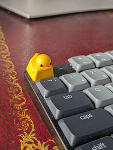A yellow rubber duck keycap installed in place of the escape key on a mechanical keyboard.