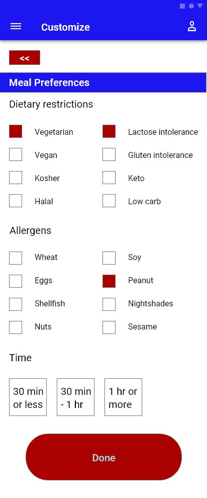 Customization screen with options for the user to input dietary restrictions, allergens, and cook time for the recipe.