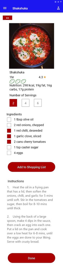 The recipe page shows the ingredients needed to for the recipe and has the ability to select individual ingredients to add to your shopping list