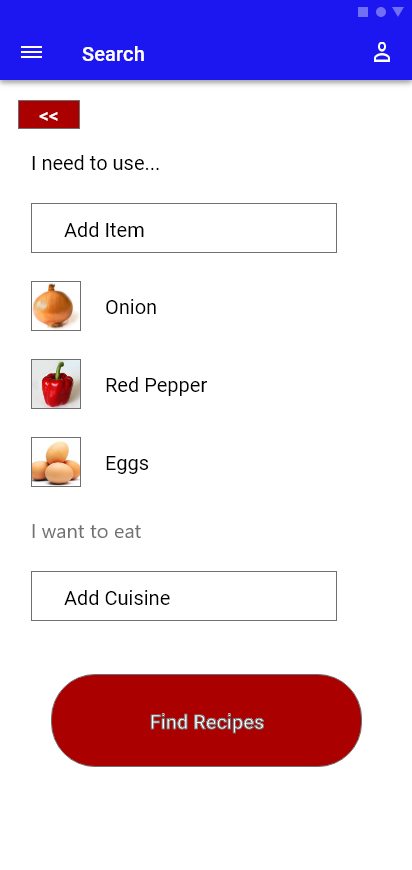The search screen allows the user to input what ingredients they have and choose what type of cuisine they want to eat.