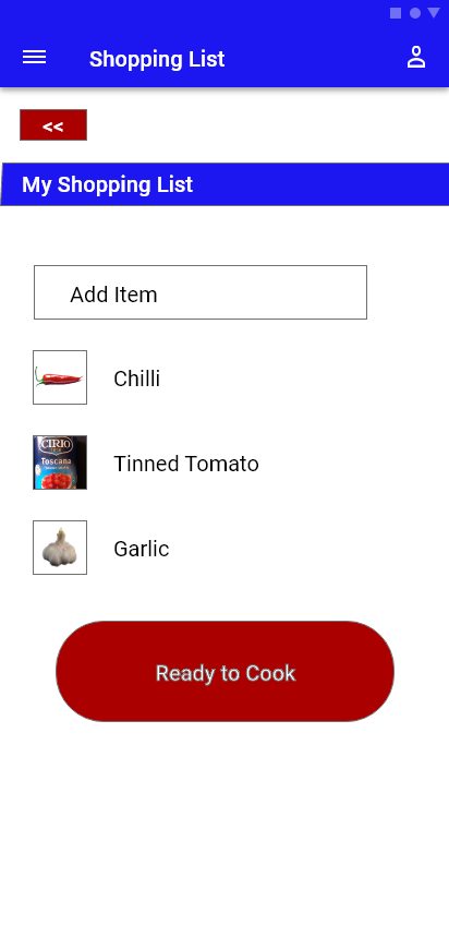 The shopping list page has the ability to add items, remove items, and return to the recipe.