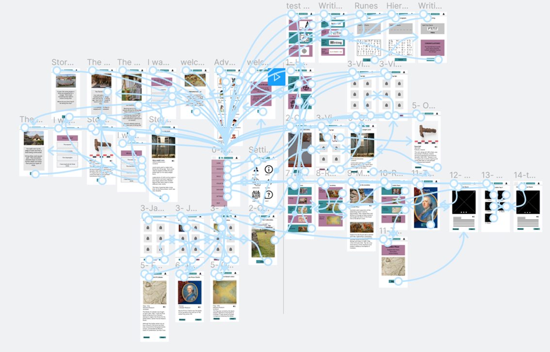 High fidelity prototype of the museum engagement app. Connection nodes are show in light blue