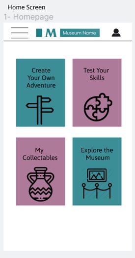 Home screen with buttons for create your own adventure, test your skills, my collectables, and explore the museum