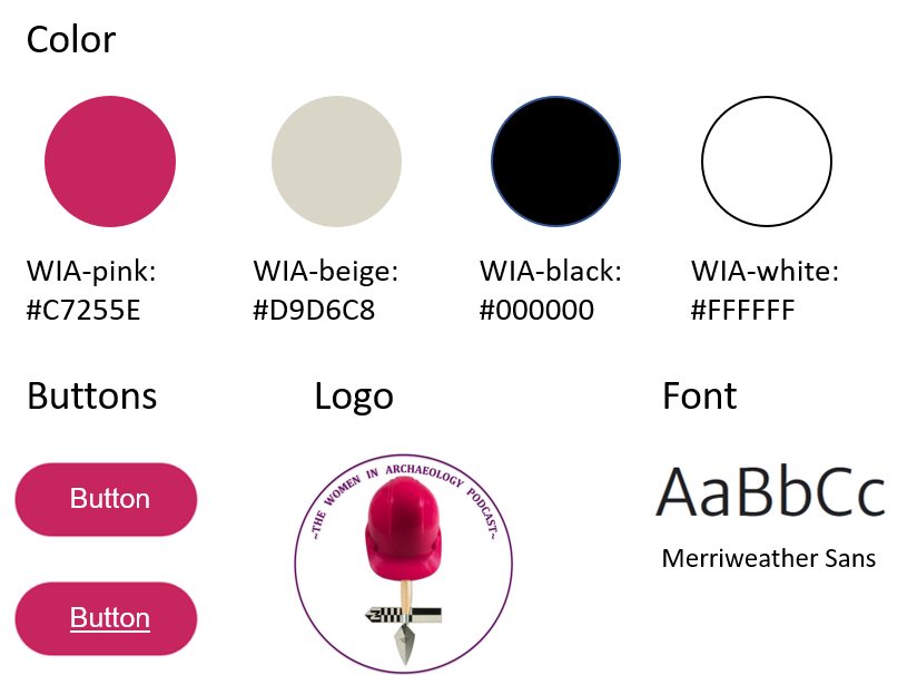 Style guide for the Women in Archaeology Podcast. Includes the site colors-pink and beige-, the buttons, icons, logo, and type- Merriweather Sans.