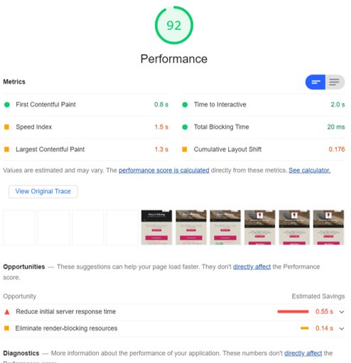 Screenshot of the lighthouse performance score for the homepage. The score is 92.